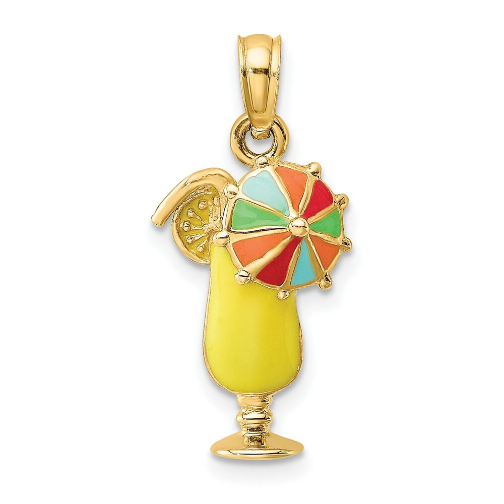 14K Yellow Gold 2D Yellow Enameled Tropical Drink With Multi-Colored Umbrella Charm Pendant