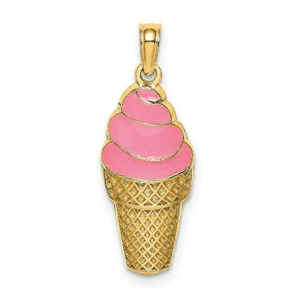 14K Yellow Gold Strawberry Ice Cream Cone 2-D Pink Enamel