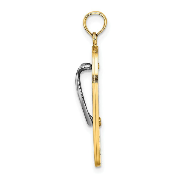 14K Yellow Gold Enamel Pink Flowers On Blue Stripes Flip-Flop Charm Pendant