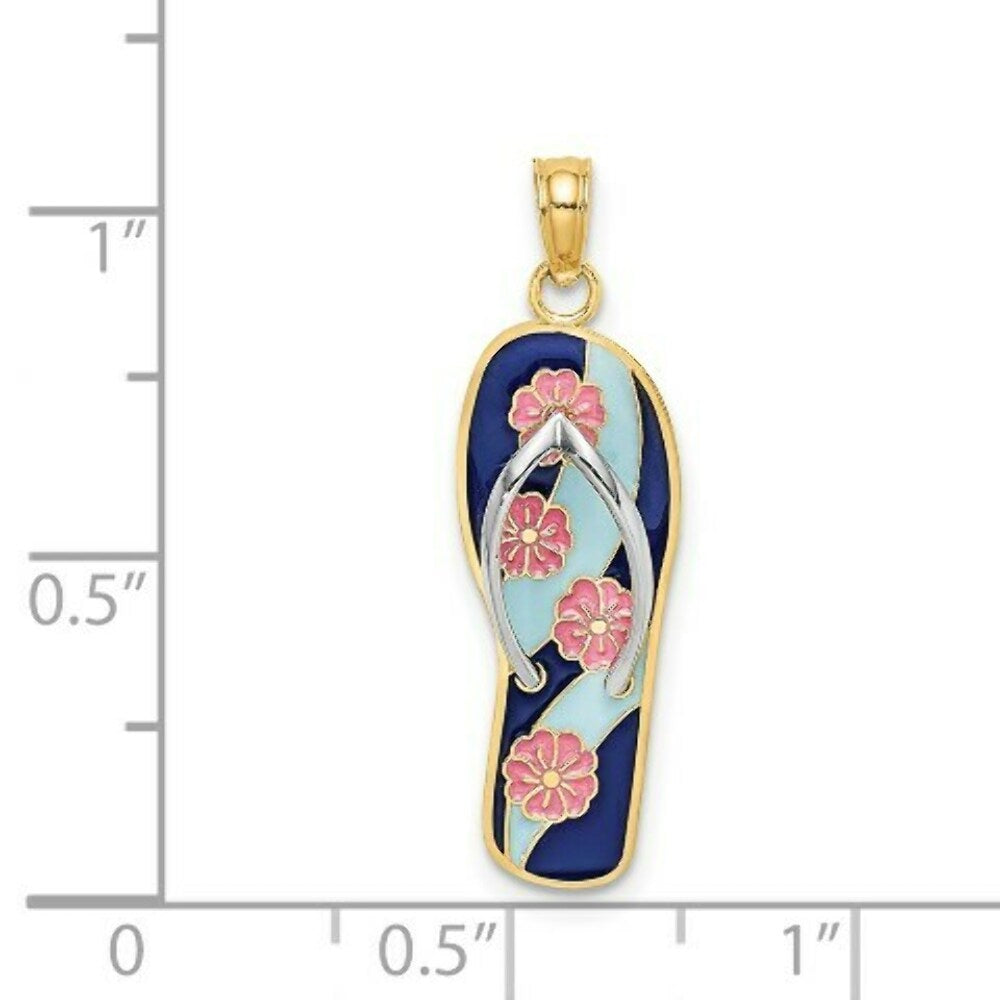 14K Yellow Gold Enamel Pink Flowers On Blue Stripes Flip-Flop Charm Pendant