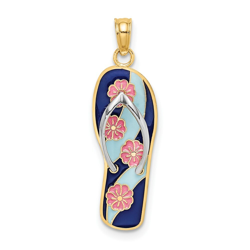 14K Yellow Gold Enamel Pink Flowers On Blue Stripes Flip-Flop Charm Pendant