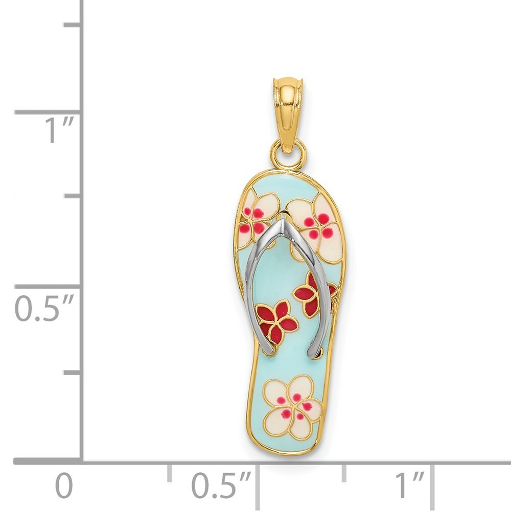 14K Yellow Gold Enamel Fuschia & White Flowers On Aqua Flip-Flop Charm Pendant