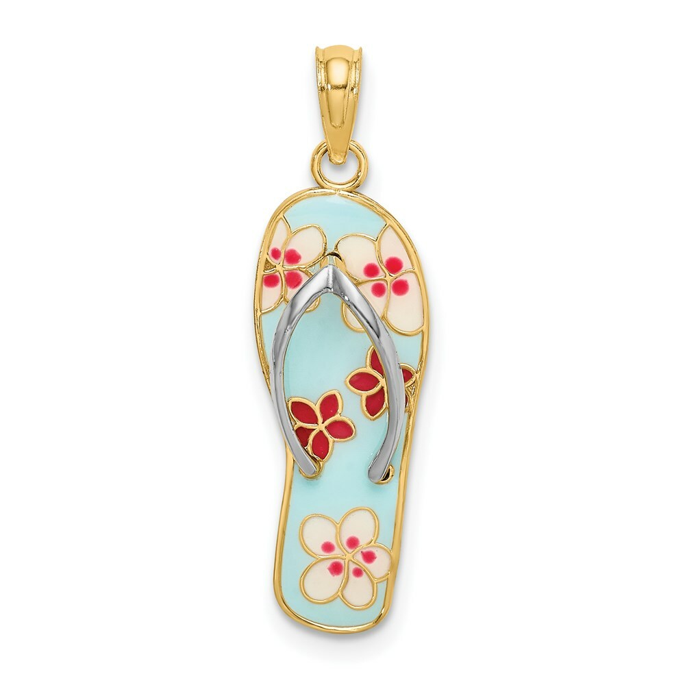 14K Yellow Gold Enamel Fuschia & White Flowers On Aqua Flip-Flop Charm Pendant