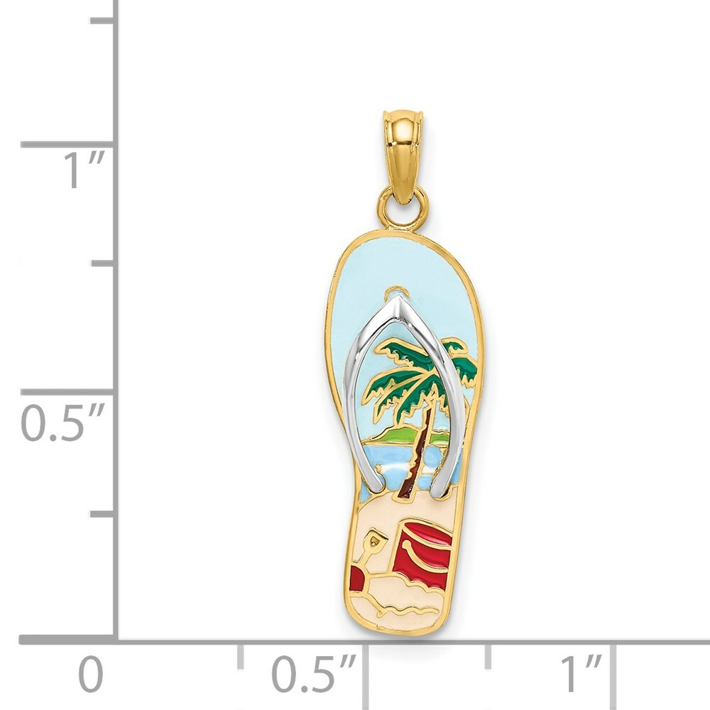 14K Yellow Gold Enamel Palm Tree & Bucket Flip-Flop Charm Pendant