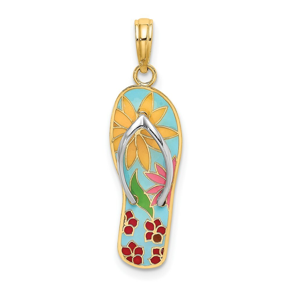 14K Yellow Gold Multi-Colored Enamel Fuschia Flowers on Flip-Flop Charm Pendant