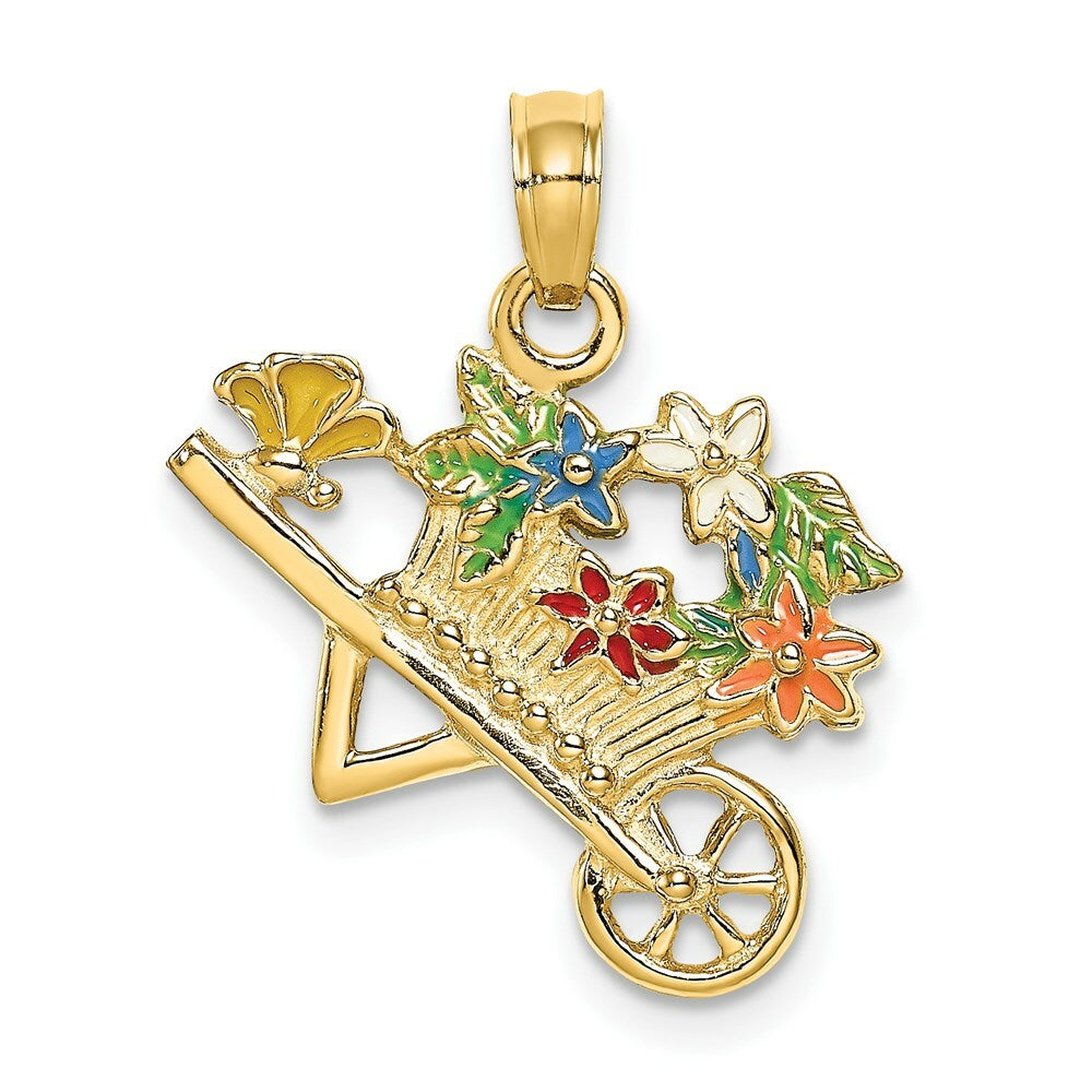 14K Yellow Gold 3-D Fflower Cart With Multi-color Flowers