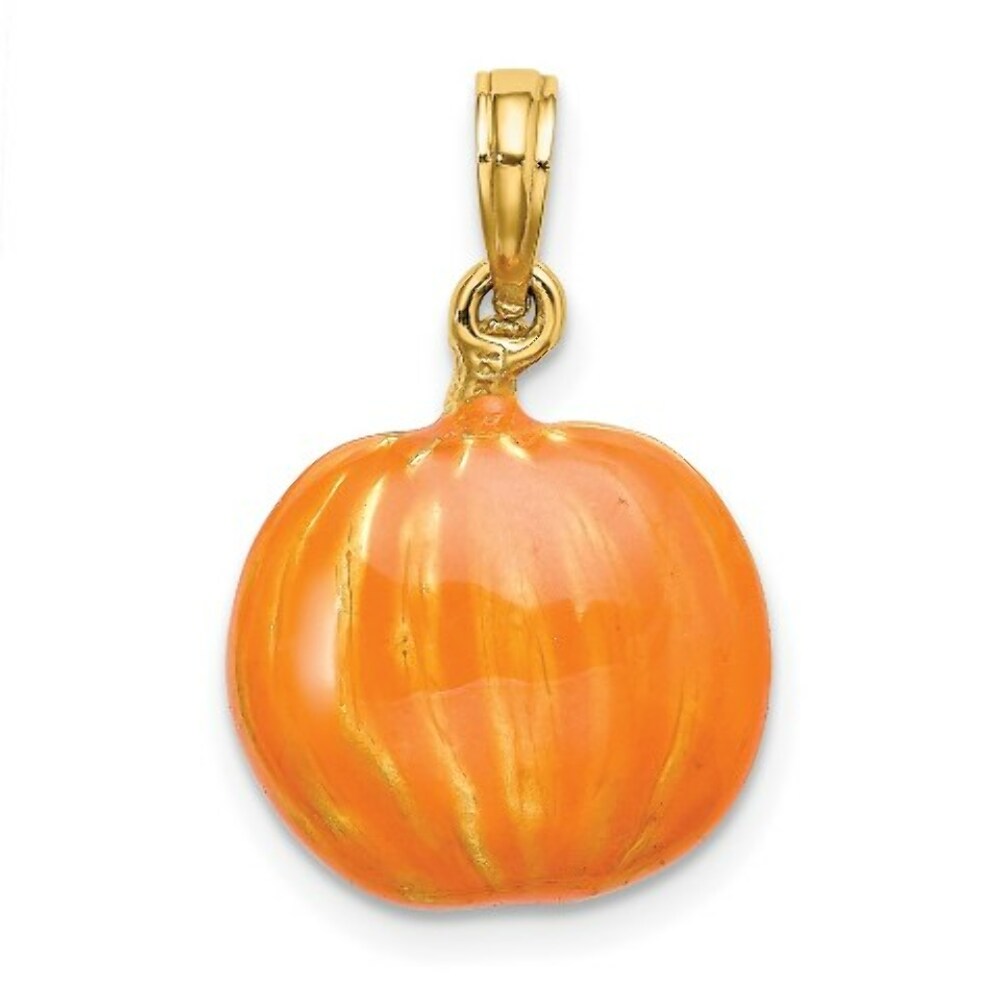 14K Yellow Gold 3-D Enameled Pumpkin With Black Cat & Moon Charm Pendant