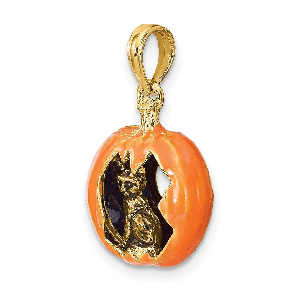 14K Yellow Gold 3-D Enameled Pumpkin With Black Cat & Moon Charm Pendant