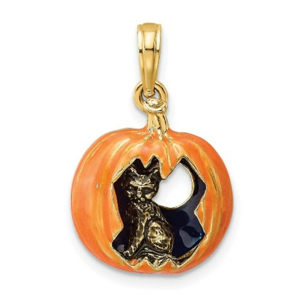 14K Yellow Gold 3-D Enameled Pumpkin With Black Cat & Moon Charm Pendant