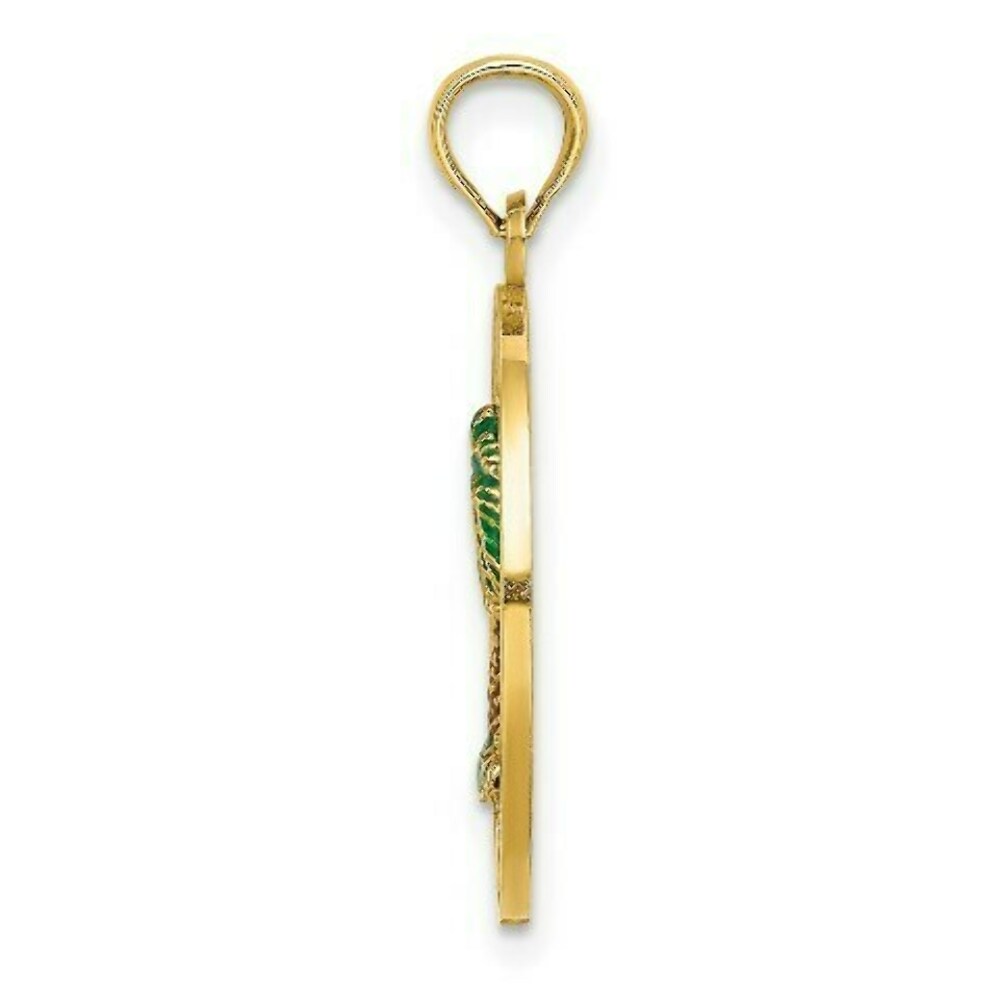14K Yellow Gold BLUFFTON, SC On Round Frame With Enameled Palm Tree Charm Pendant