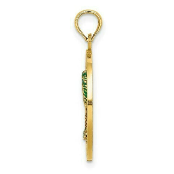 14K Yellow Gold BLUFFTON, SC On Round Frame With Enameled Palm Tree Charm Pendant