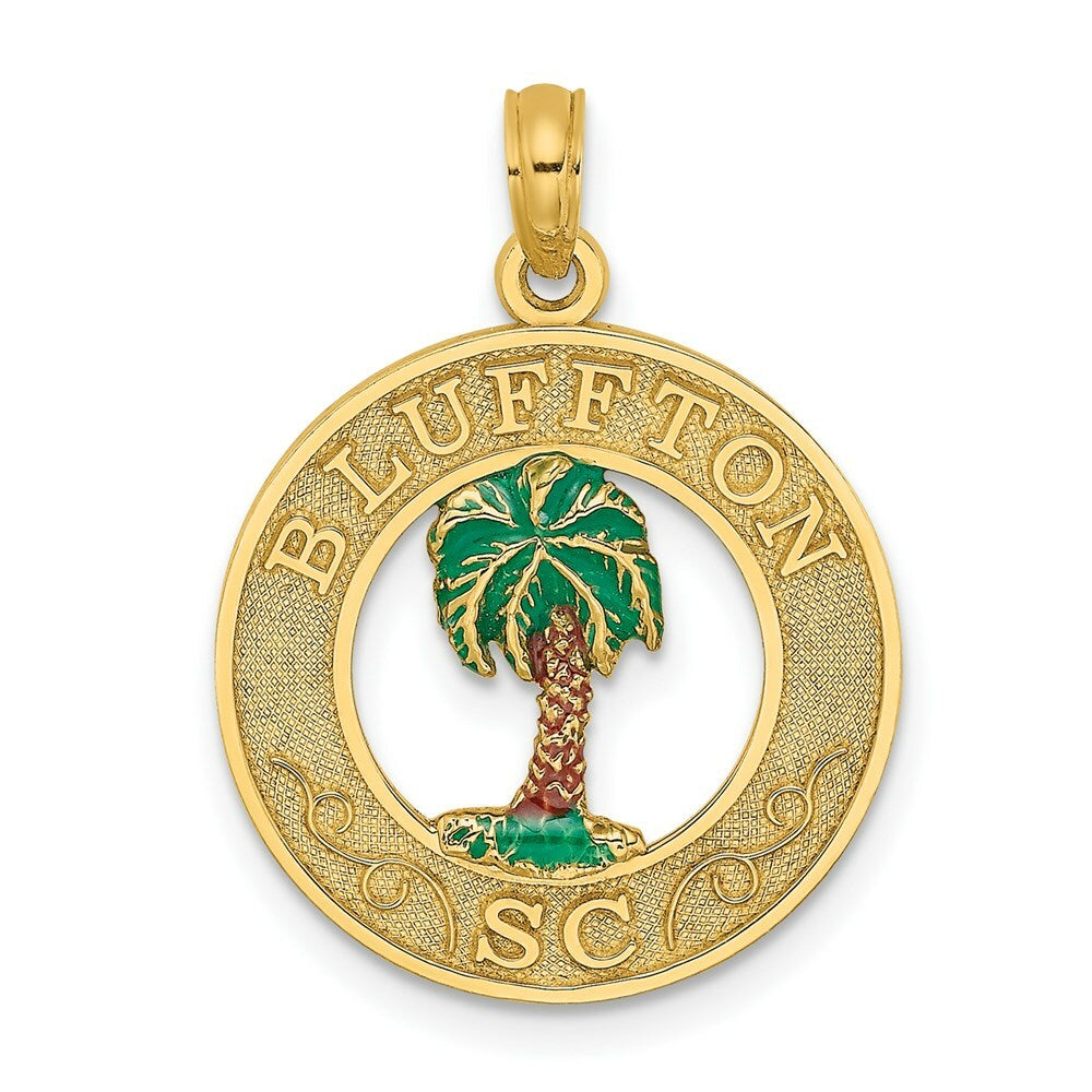 14K Yellow Gold BLUFFTON, SC On Round Frame With Enameled Palm Tree Charm Pendant