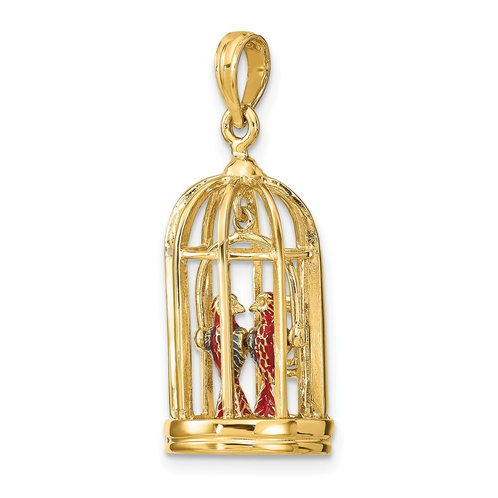 14K Yellow Gold With Enamel 3-D Bird Cage With 2 Birds & Doors Open Charm Pendant