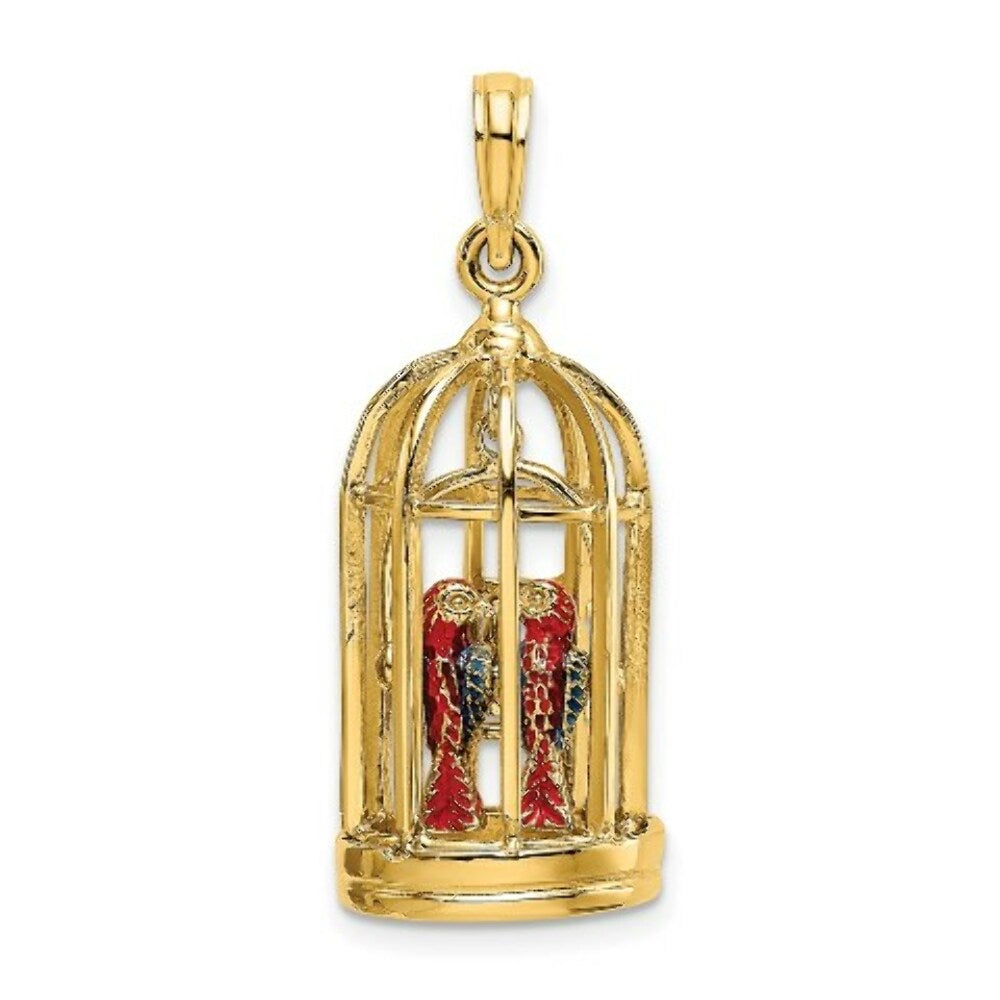 14K Yellow Gold With Enamel 3-D Bird Cage With 2 Birds & Doors Open Charm Pendant