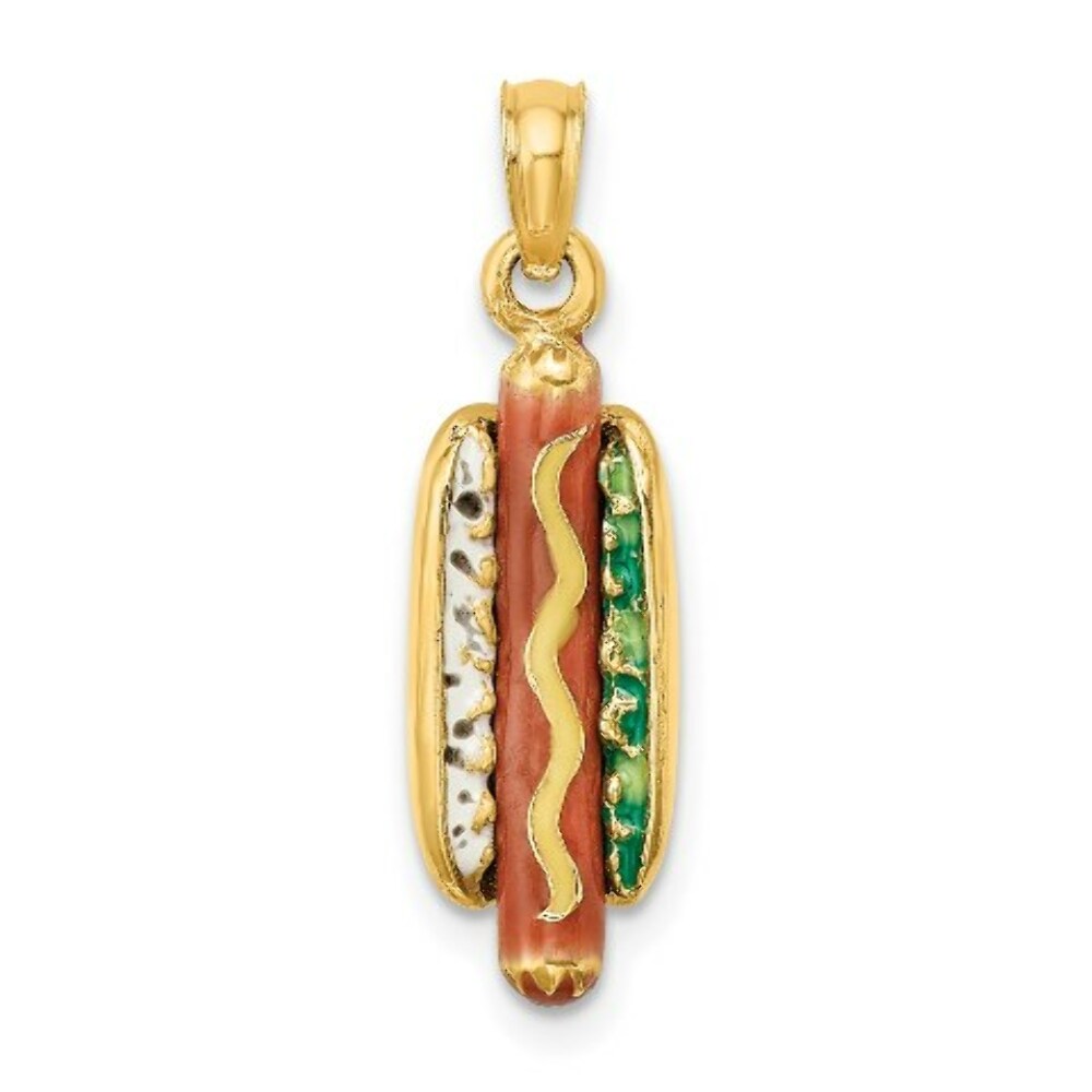 14K Yellow Gold 3-D Enemel Hot Dog With Bun Charm Pendant