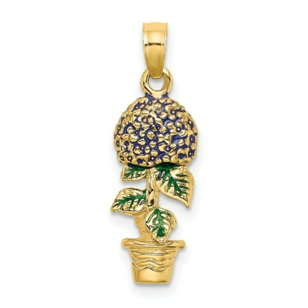 14K Yellow Gold 3-D Lavender Hydrangea Flowers In Pot Charm Pendant