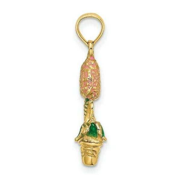 14K Yellow Gold 3-D Pink Hydrangea Flowers In Pot Charm Pendant