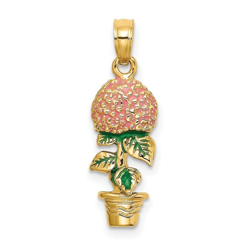 14K Yellow Gold 3-D Pink Hydrangea Flowers In Pot Charm Pendant