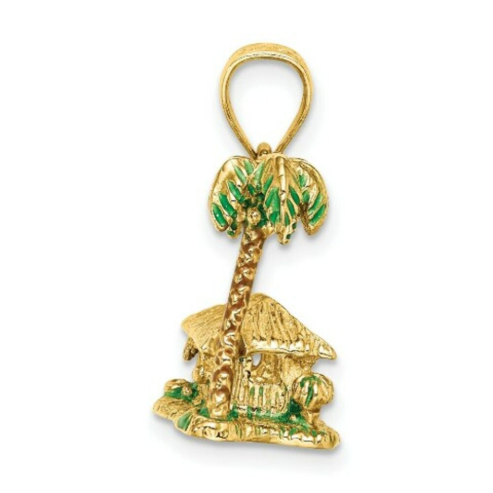 14K Yellow Gold 3-D With Enamel Palm Tree & Hut Charm Pendant