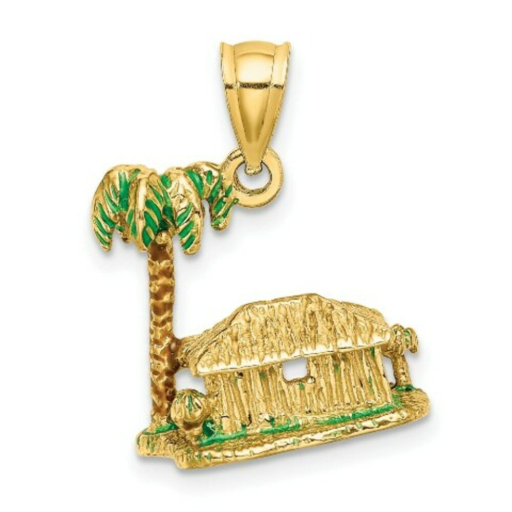 14K Yellow Gold 3-D With Enamel Palm Tree & Hut Charm Pendant