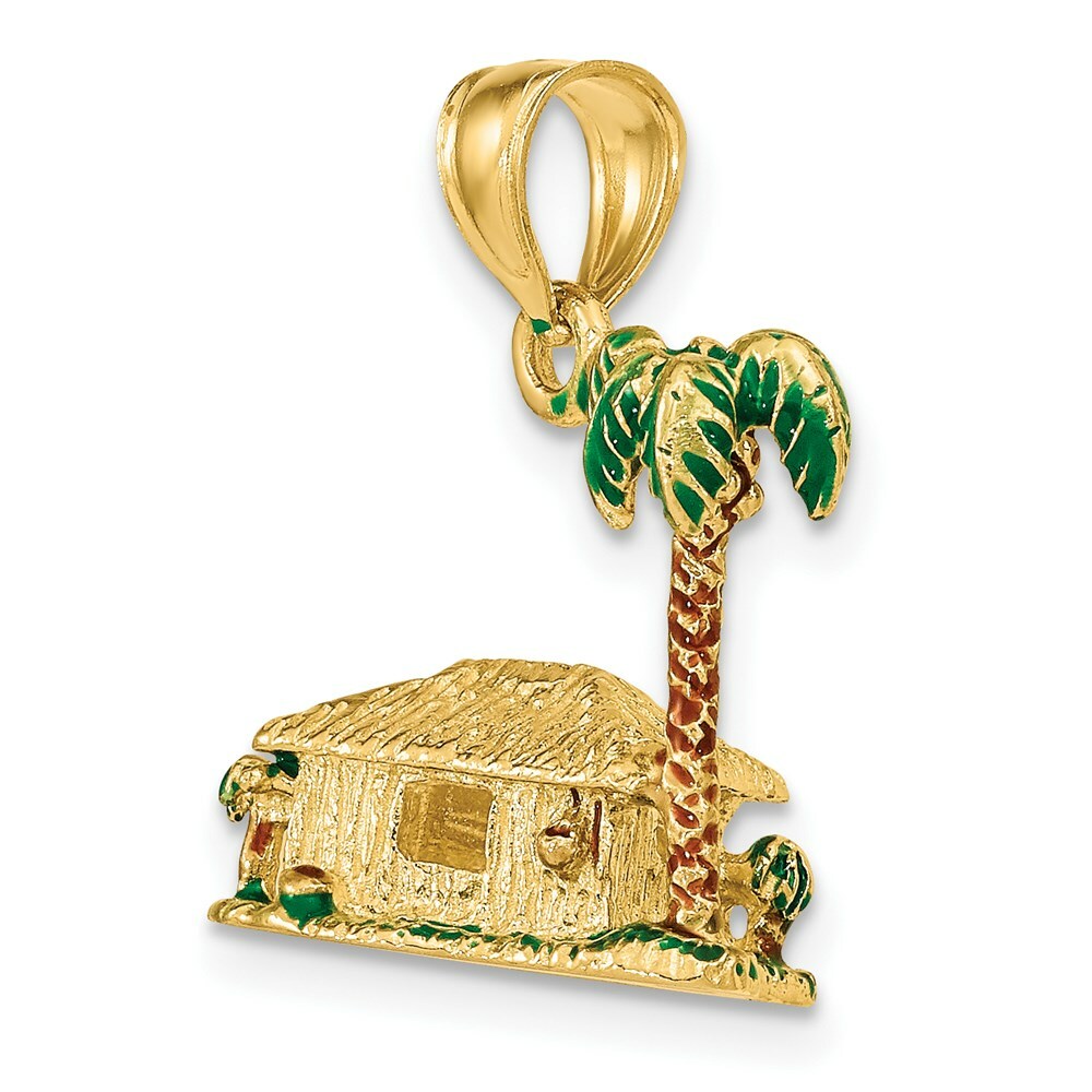 14K Yellow Gold 3-D With Enamel Palm Tree & Hut Charm Pendant