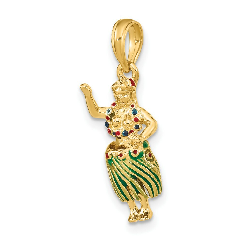 14K Yellow Gold 3-D Hula Girl With Moveable Grass Skirt Charm Pendant