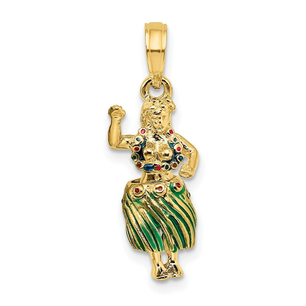 14K Yellow Gold 3-D Hula Girl With Moveable Grass Skirt Charm Pendant