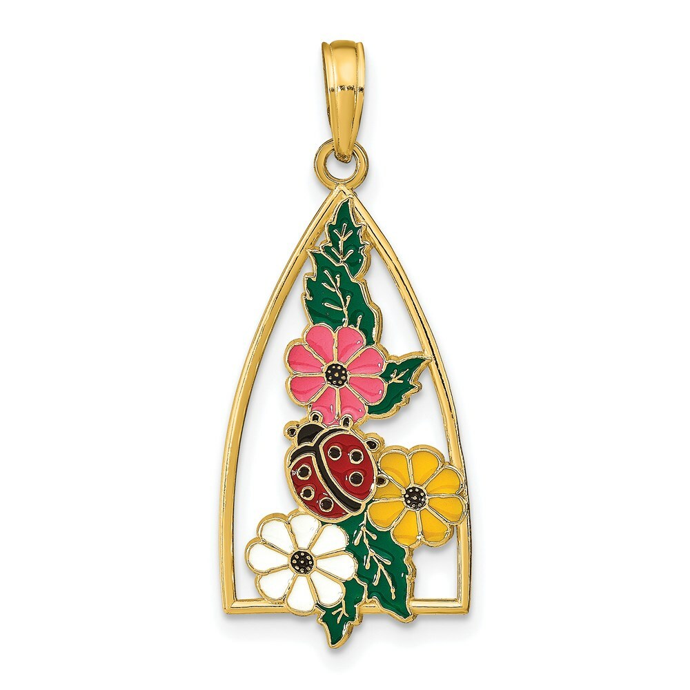 14K Yellow Gold Enameled Ladybug & Flowers Pendant
