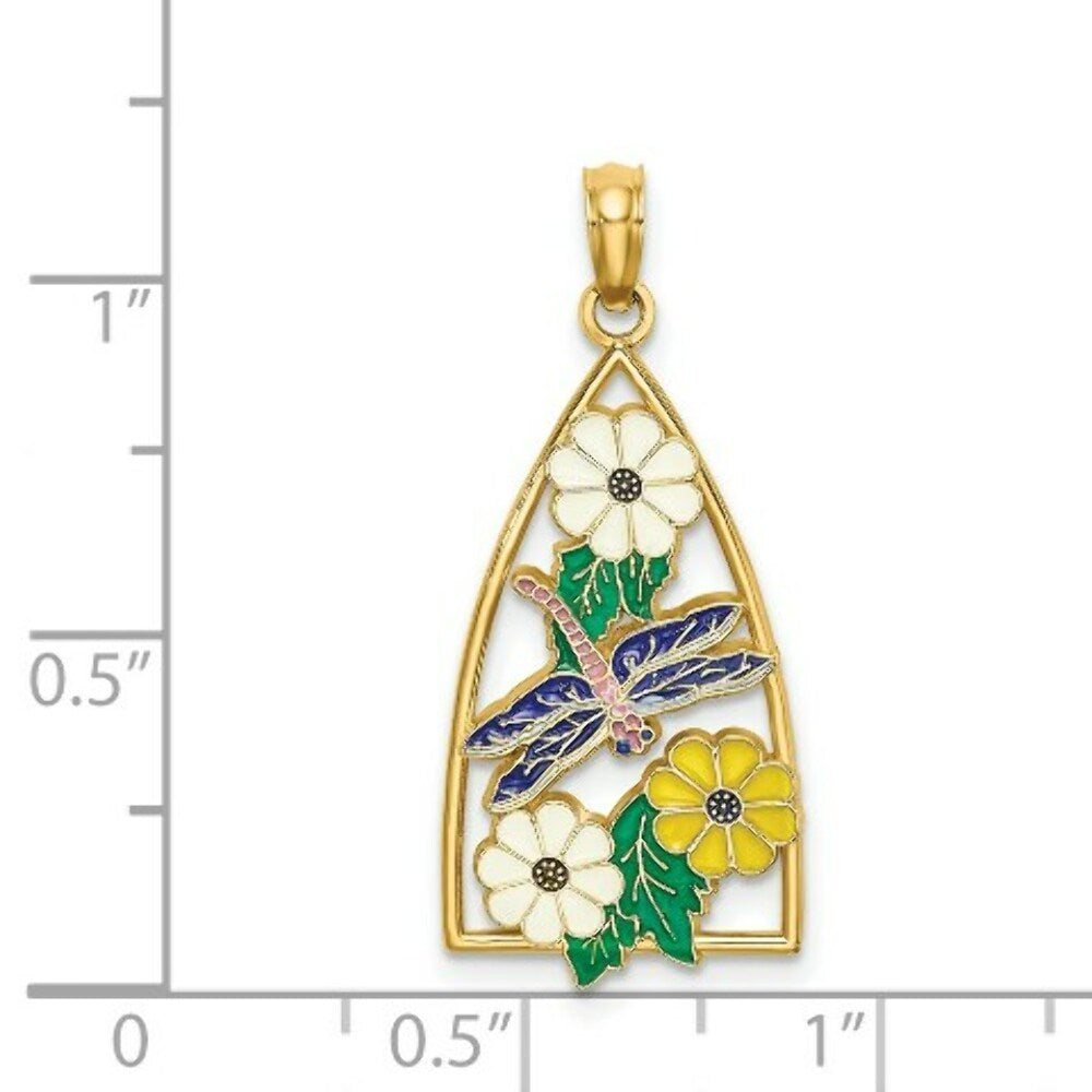 14K Yellow Gold Enamel Dragonfly & FLOWERS IN TRIANGLE Charm Pendant