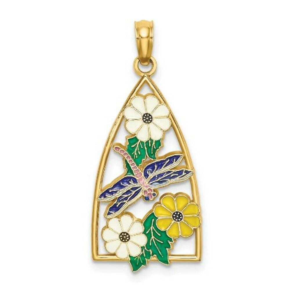 14K Yellow Gold Enamel Dragonfly & FLOWERS IN TRIANGLE Charm Pendant
