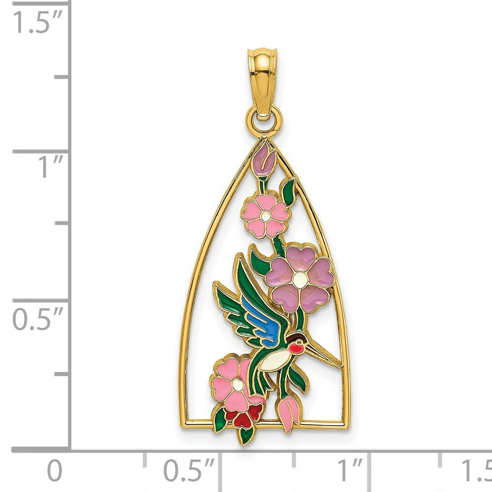 14K Yellow Gold With Enamel Hummingbird & Flowers Charm Pendant