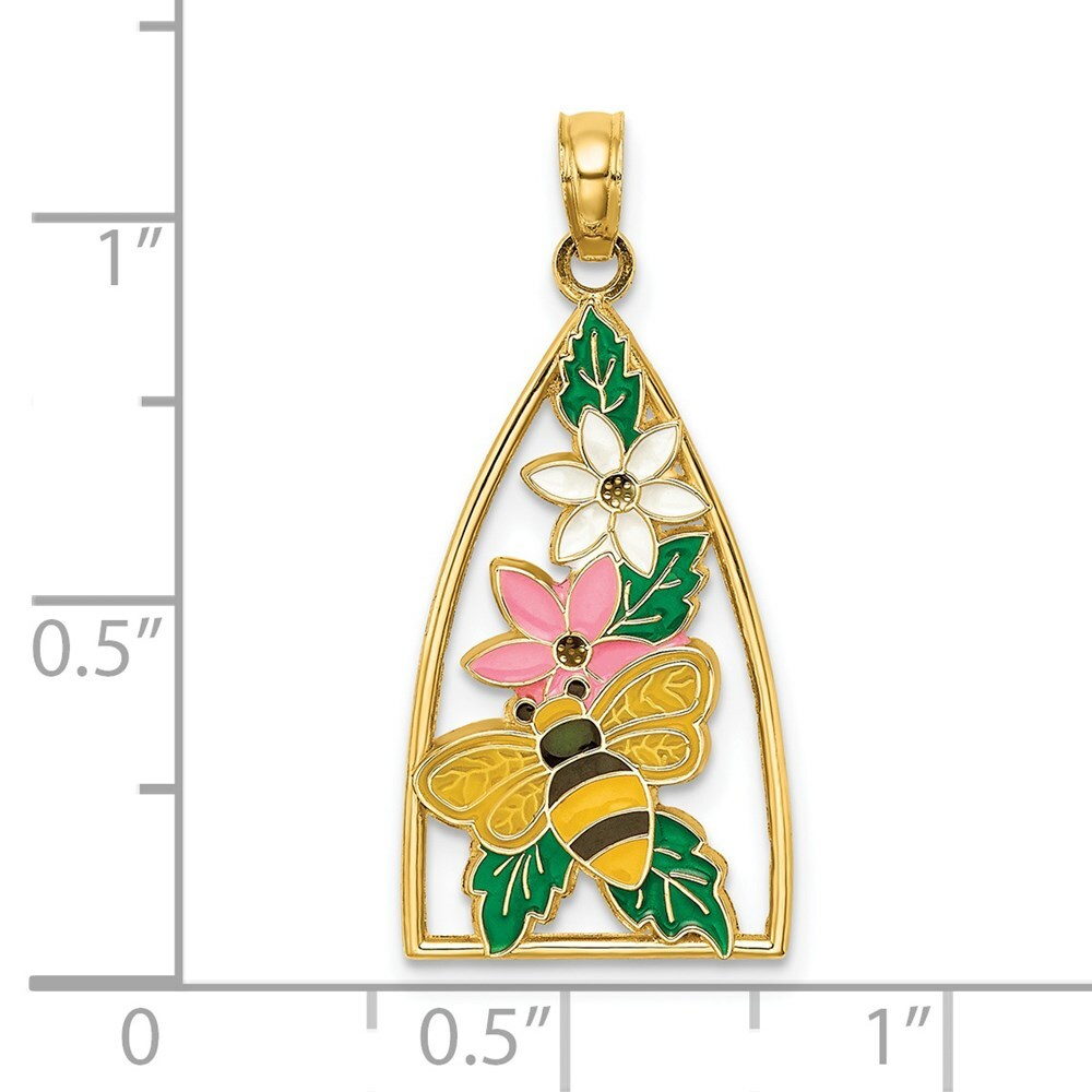 14K Yellow Gold Bumble Bee and Flowers In Triangle - Enameled
