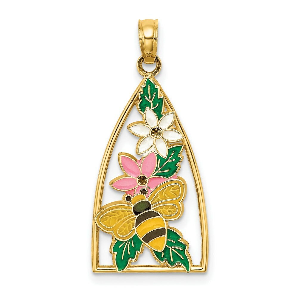 14K Yellow Gold Bumble Bee and Flowers In Triangle - Enameled