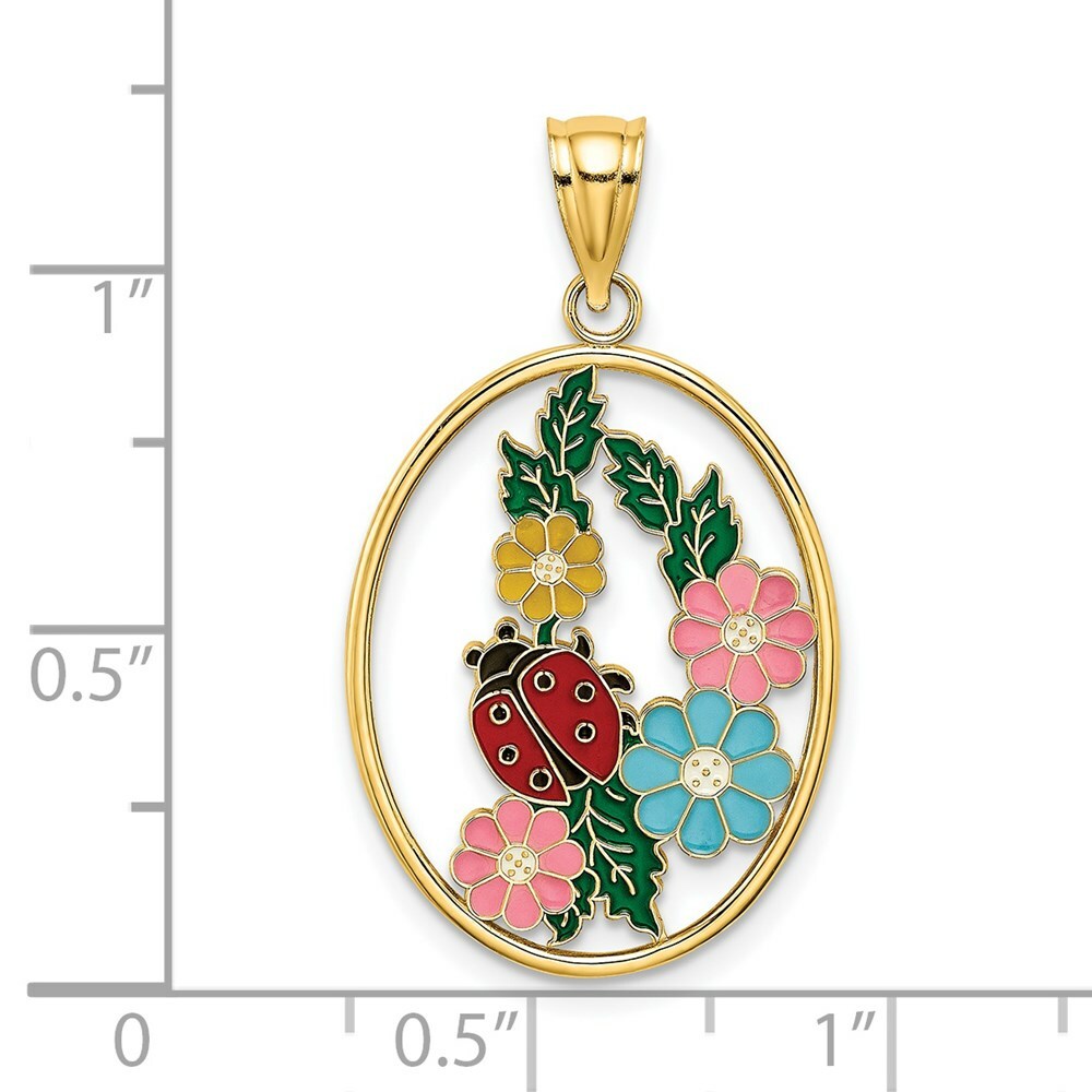 14K Yellow Gold Stained Glass With Enamel Oval Ladybug Charm Pendant