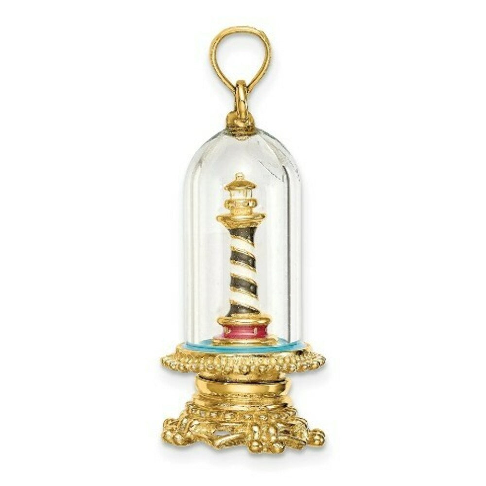 14K Yellow Gold 3-D Enamel Lighthouse In Glass Dome Charm Pendant