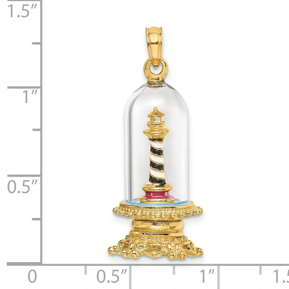 14K Yellow Gold 3-D Enamel Lighthouse In Glass Dome Charm Pendant