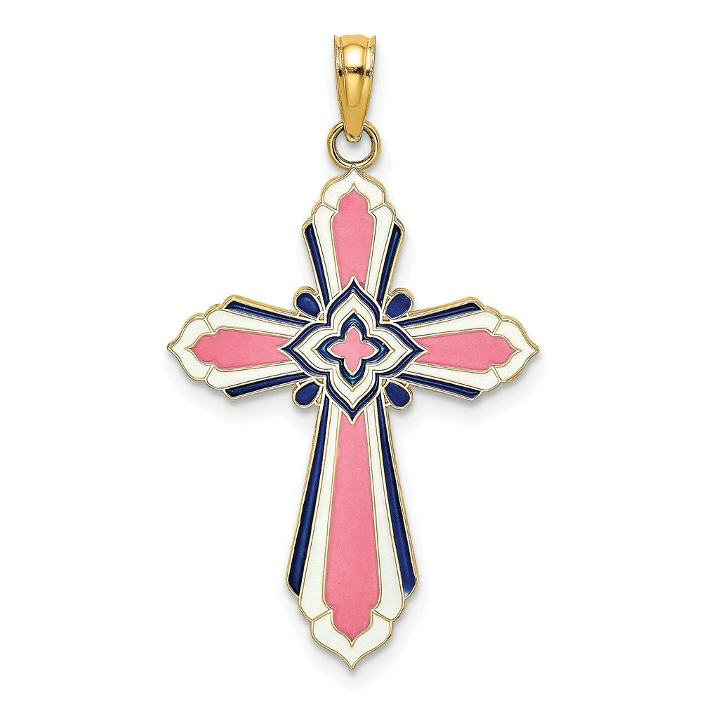 14K Yellow Gold 3-D With Pink & White Enamel Cross Charm Pendant