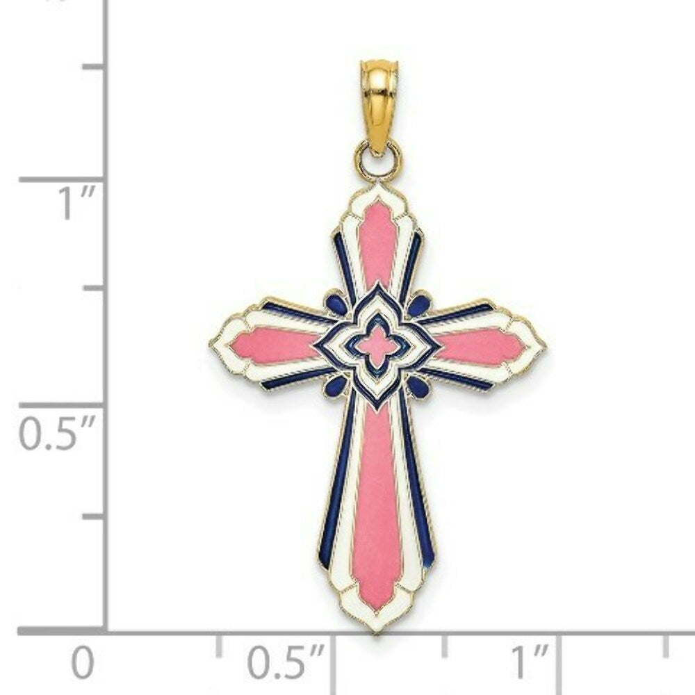 14K Yellow Gold 3-D With Pink & White Enamel Cross Charm Pendant