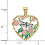 Load image into Gallery viewer, 14K Yellow Gold Enamel Dragonfly &amp; Flower in Heart Charm Pendant
