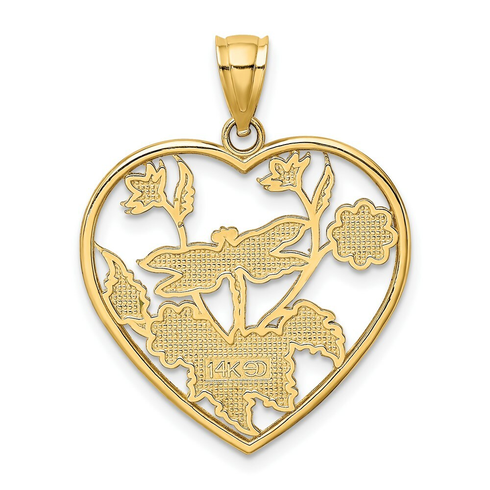 14K Yellow Gold Enamel Dragonfly & Flower in Heart Charm Pendant