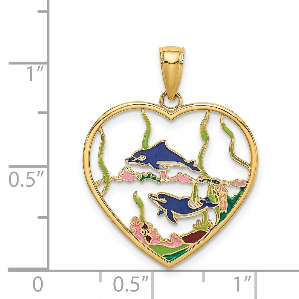 14K Yellow Gold Enamel Dolphins In Heart Charm Pendant