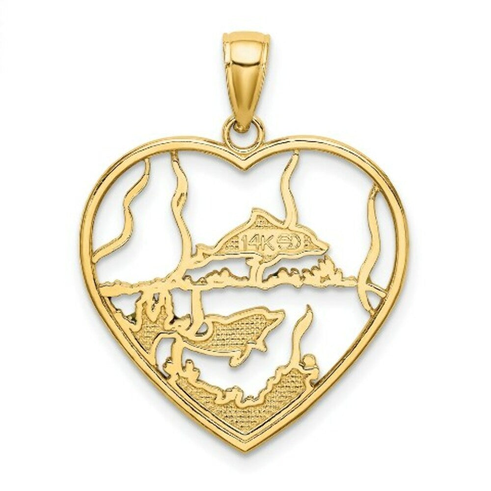 14K Yellow Gold Enamel Dolphins In Heart Charm Pendant