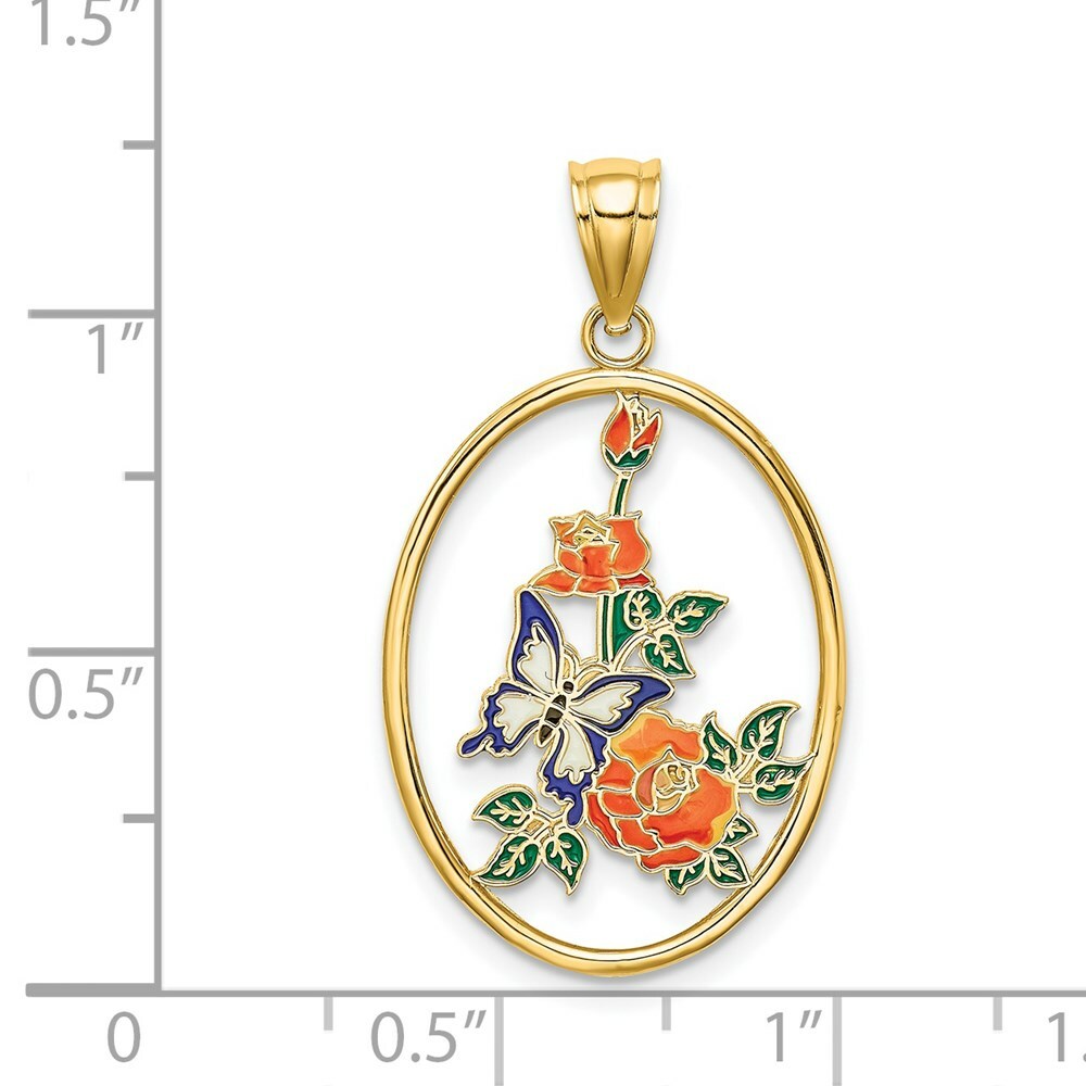 14K Yellow Gold Enamel White Butterfly In Oval With Orange Flowers Charm Pendant