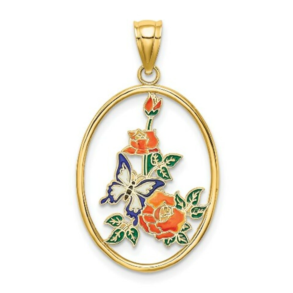 14K Yellow Gold Enamel White Butterfly In Oval With Orange Flowers Charm Pendant