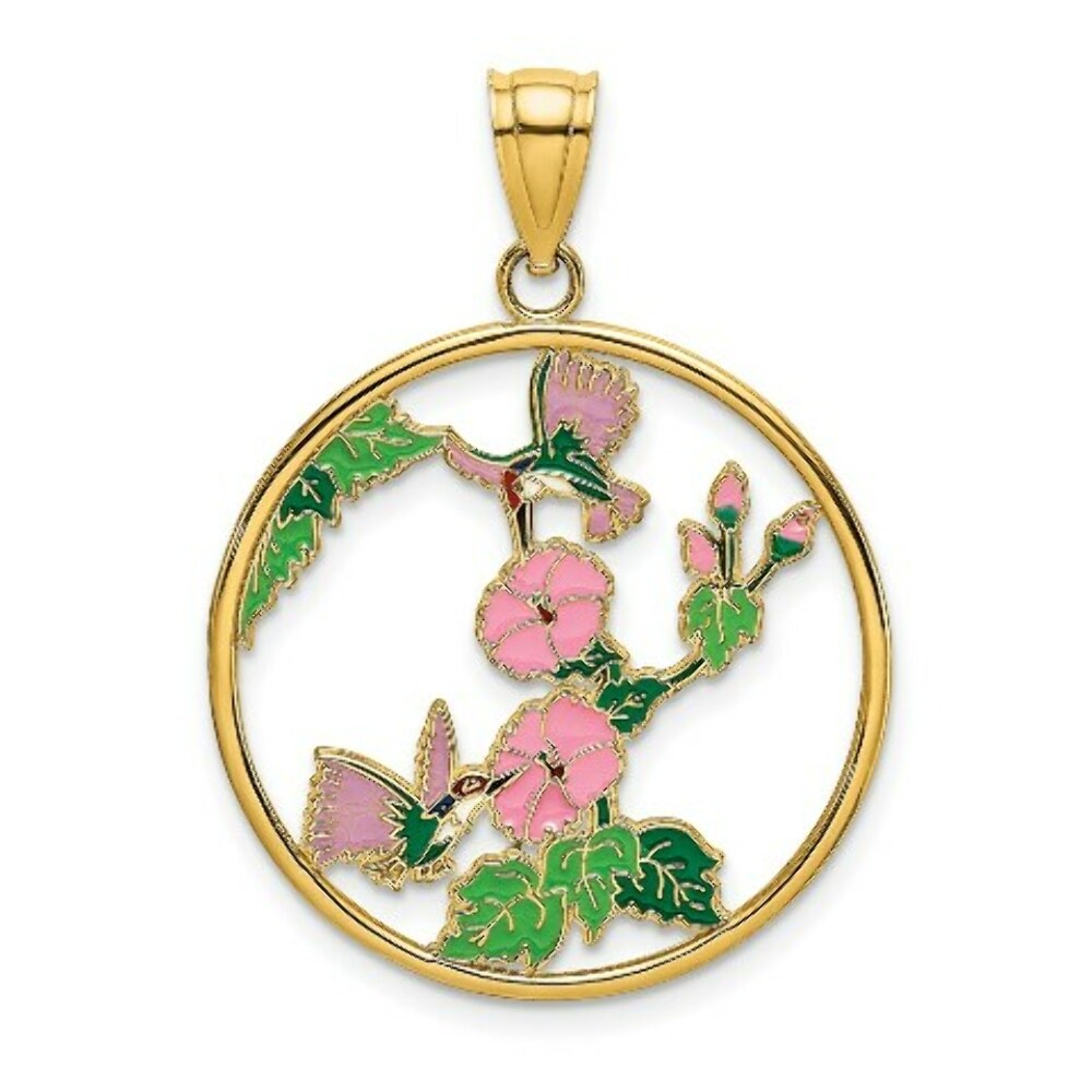 14K Yellow Gold With Enamel Hummingbirds & Flowers In Circle Charm Pendant