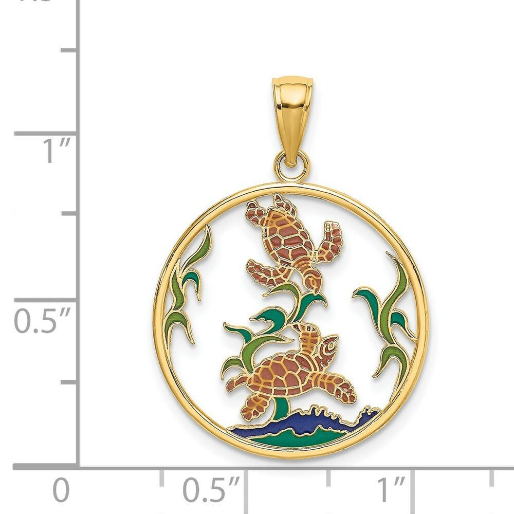 14K Yellow Gold Enamel Sea Turtles In Circle Charm Pendant