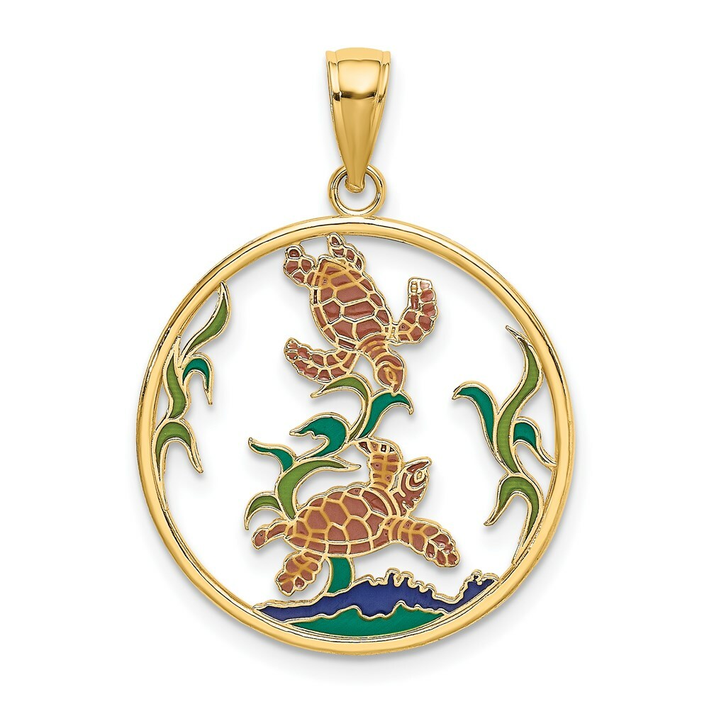 14K Yellow Gold Enamel Sea Turtles In Circle Charm Pendant