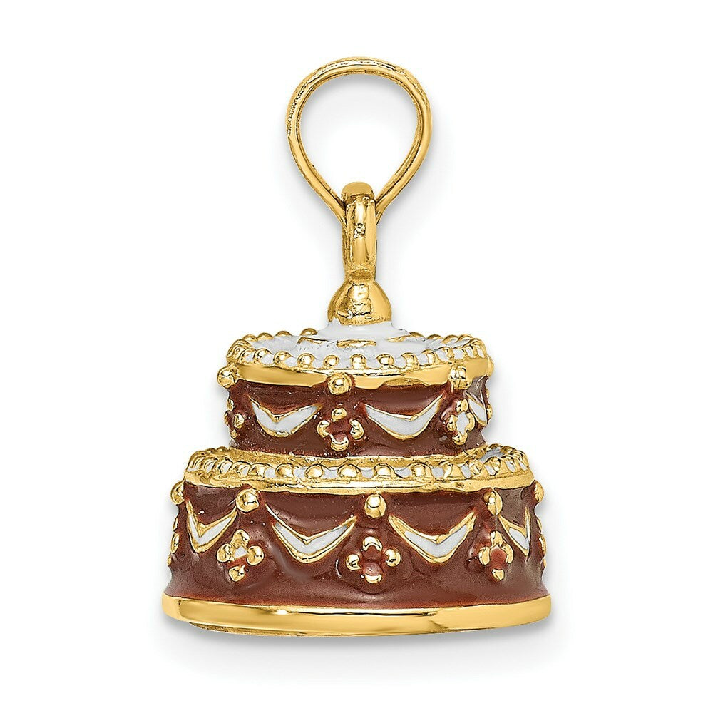 14K Yellow Gold 3-D Happy Birthday Cake With Brown Frosting Charm Pendant