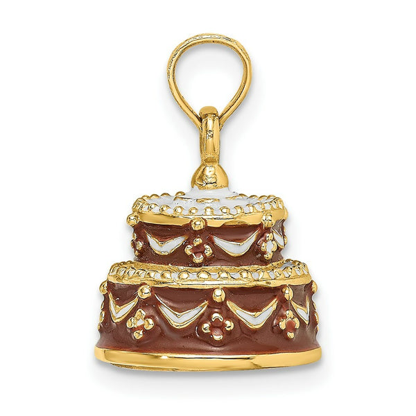 14K Yellow Gold 3-D Happy Birthday Cake With Brown Frosting Charm Pendant