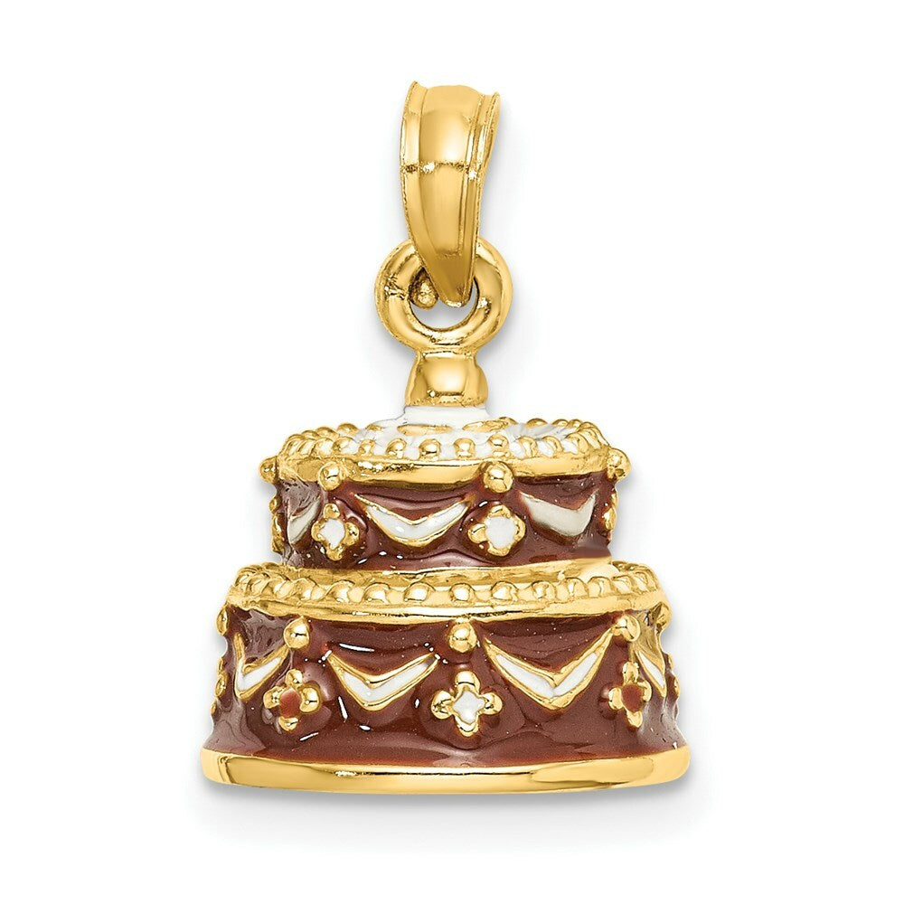 14K Yellow Gold 3-D Happy Birthday Cake With Brown Frosting Charm Pendant